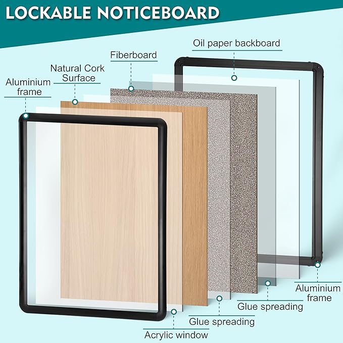 Magula Enclosed Cork Bulletin Board Tamper-Proof Dispaly Case, Black Aluminium Frame, Shatter Resistant Lockable Bulletin Board, Enclosed Cork Board for School, Office,Commercial,Hospital etc(24"x18")