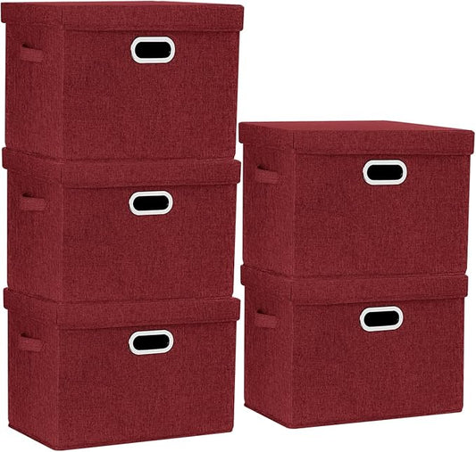 TYEERS Large Collapsible Storage Bins with Lids, Organization Bins for Closet Storage, Clothes Storage, Folding Storage Box with Lids for Home Office Storage - 5 Pack - Red Wine