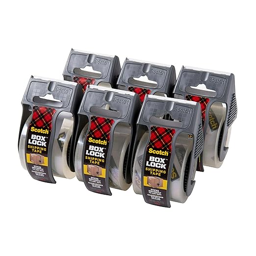 Scotch Box Lock Packing Tape, Clear, Extreme Grip Box Packaging Tape for Shipping and Mailing, 1.88 in. x 22.2 yd., 6 Rolls with Dispensers (Pack of 6)