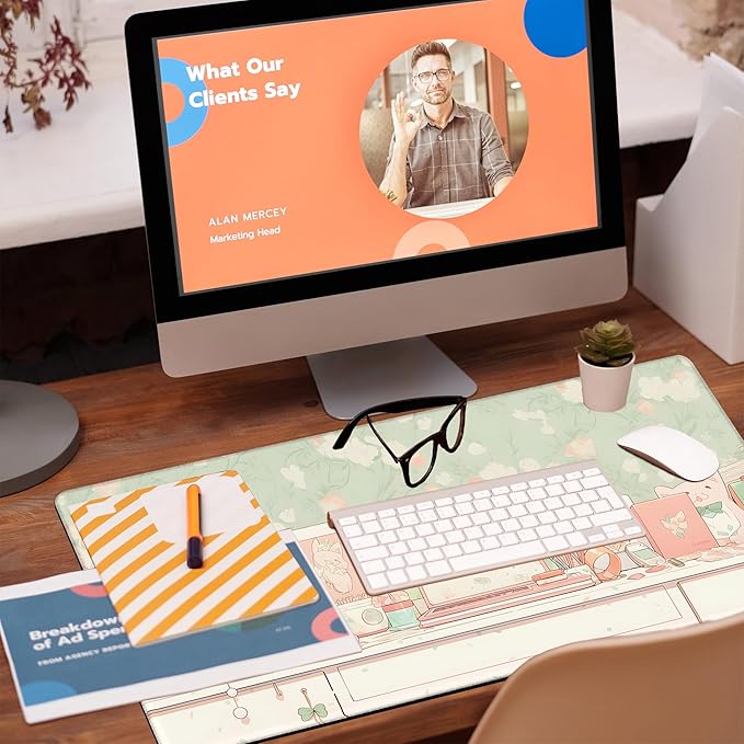 Desk Pad, Kawaii Anime Style Desk Mat, Green Cute Desktop Large Gaming Mouse Pad for Desk, 31.5"x15.7" Extended Big Computer Keyboard Mouse Pad with Non-Slip Base and Stitched Edge