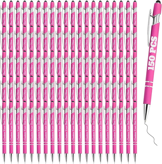 Personalized Pens Bulk 150 with Name Custom Engraving Ballpoint Pens with Stylus Tip Customized Smooth Writing Pens Personalized Gifts for Anniversary Birthday or Graduation(Pink,Black Ink)
