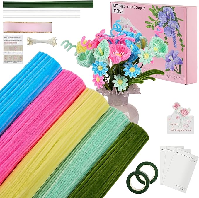 5 Mixed Macaron Colors Chenille Stems Bulk，400 Pcs Pipe Cleaners Craft with Floral Wires, Gardening Tape,Greeting Card,Bouquet Paper,Hot Glue Stick,Stamen & Ribbon，Ideals for DIY School Projects