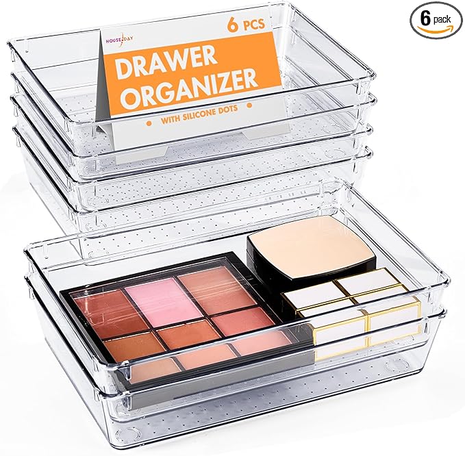 HOUSE DAY Desk Drawer Organizer Bins 6 PCS, 9*6*2" Clear Drawer Organizers with Silicone Pads, Vanity Organizers and Storage, Non Slip Plastic Drawer Organizer for Makeup, Bathroom, Kitchen, Office