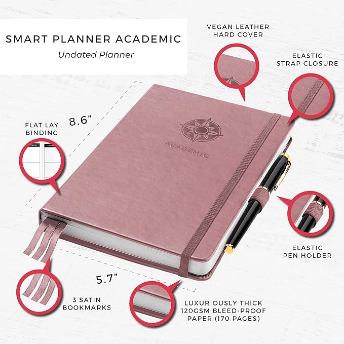 Smart Academic Planner - A5 Size 8.6 x 5.7 inches - Undated Daily Planner for School - Daily, Weekly, and Monthly Scheduling - Student Planner for Maximizing Focus and Productivity (Pink)