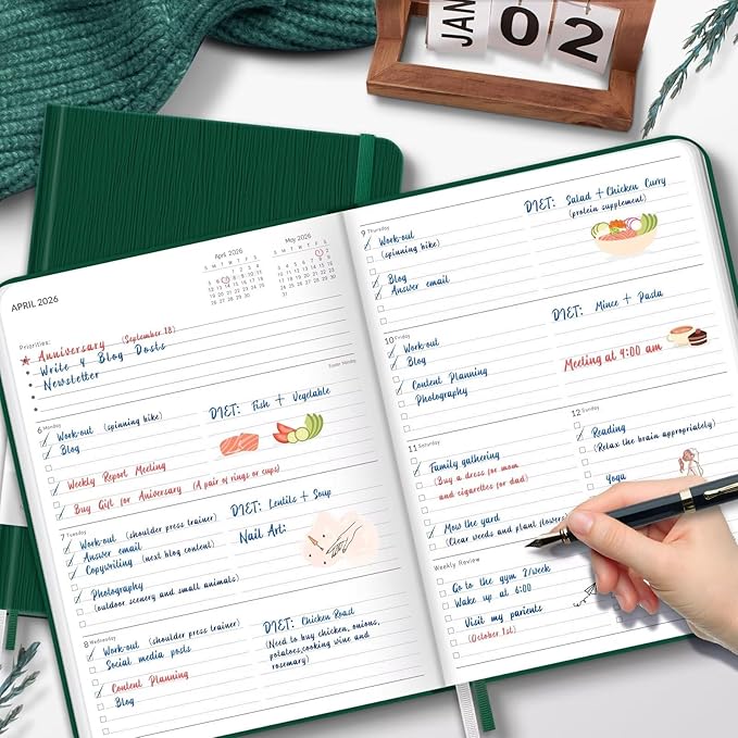 2026 Planner, Large Weekly and Monthly Planners, A4 Faux Leather Daily Calendar 2026 Planner, 12 Month Agenda from Jan. to Dec., Hardcover Habit Tracker Journal(Green)