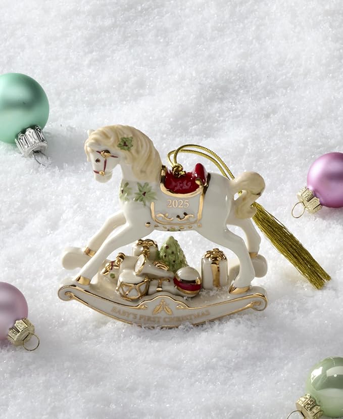 Lenox Ornament, 2025 Vintage Rocking Horse Christmas Tree Ornament, Porcelain with Gold Accents and Hanging Cord, Christmas Tree Decorations, Winter Home Decor, Winter Decor (Multicolor, 1 Piece)