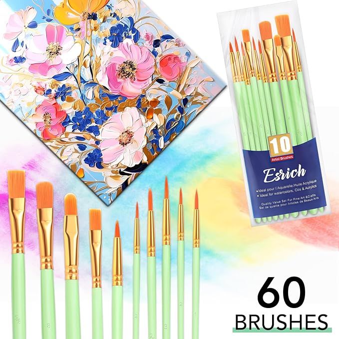ESRICH Paint Brushes Set,6 Packs 60 Pcs Acrylic Paint Brush Set,Acrylic Oil Watercolor, Face Nail Art, Miniature Detailing,Rock Painting,Painting Artist Professional Kits(Green)