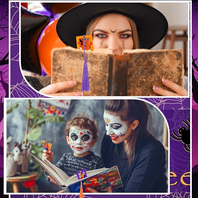 Yexiya 200 Pcs Halloween DIY Wood Bookmarks Kit Unfinished Color Your Own Hollow with Tassel 100 Set Back to School Art Ghost Spider Skull Pumpkins Supplies for Students Thanksgiving Reward Fillers