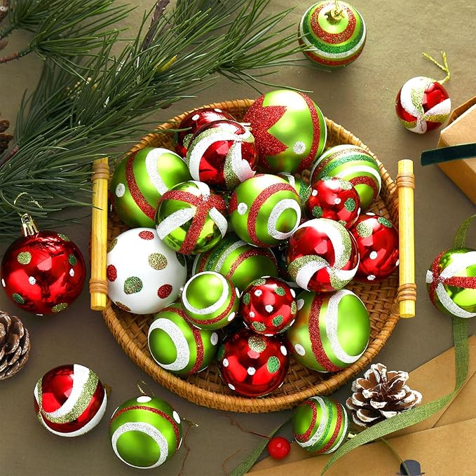 64 Pcs Christmas Ball Ornaments Lime Green Red Christmas Ornament Plastic Christmas Tree Decoration Assorted Size Dot Stripe Christmas Ornament for Tree Home Indoor Decor, 1.6/1.97/2.4 Inch