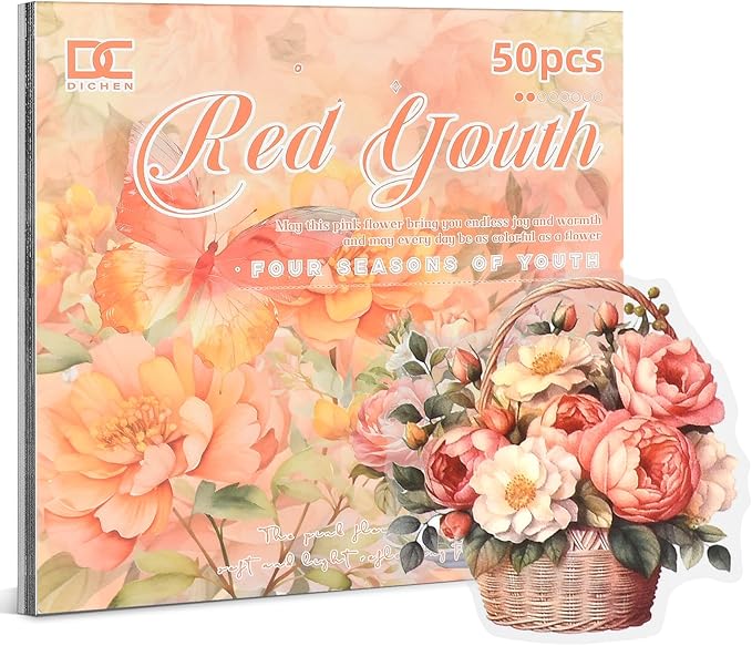Snycler Scrapbooking Supplies, Vintage Journaling - 25 Sheets PET & 25 Sheets Paper Stickers, DIY Craft Stickers for Junk Journals, Ephemera Sticker Book, Red Flower Themes, Pre-Cut Designs