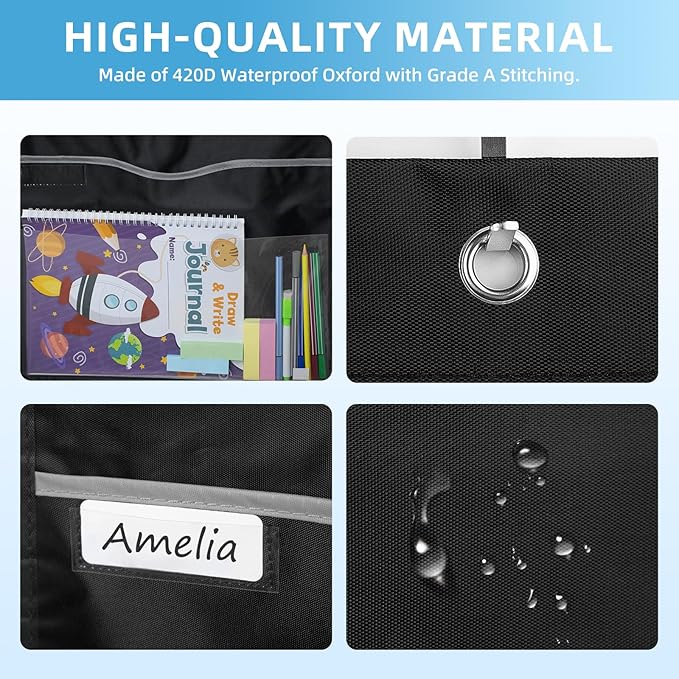 33 Pockets Hanging Wall File Organizer, Sturdy Legal/Letter Size Manila File Folders Organizer, Classroom Pocket Chart with 3 Writable Clear Pockets, 8 Wall/Door Hooks & 36 Labels (Black)