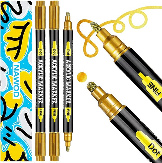 NAWOD 3 Gold Acrylic Paint Pens Markers, Dual Tip (Fine 1mm + Dot 5mm), for Rock Painting Fabric Canvas Glass Wood Ceramic Paper Eggs, Fabric Marker Ideal for Labeling DIY Crafts Art Projects