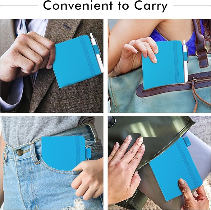 feela 6 Pack Pocket Mini Notebooks Bulk, Small Cute Memo Notepads Hardcover College Ruled Lined Journals with Pen Holder for School Business Work, with 6 Black Pens, 3.5”x 5.5”, A6, Teal