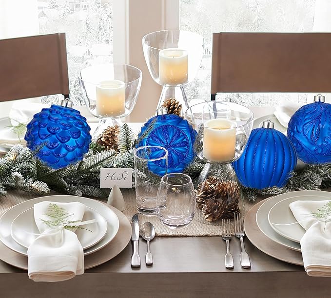 Hollyone 4.7 Inch Large Blue Christmas Ornaments 4Pcs Shatterproof for Xmas Tree Decor with Hook