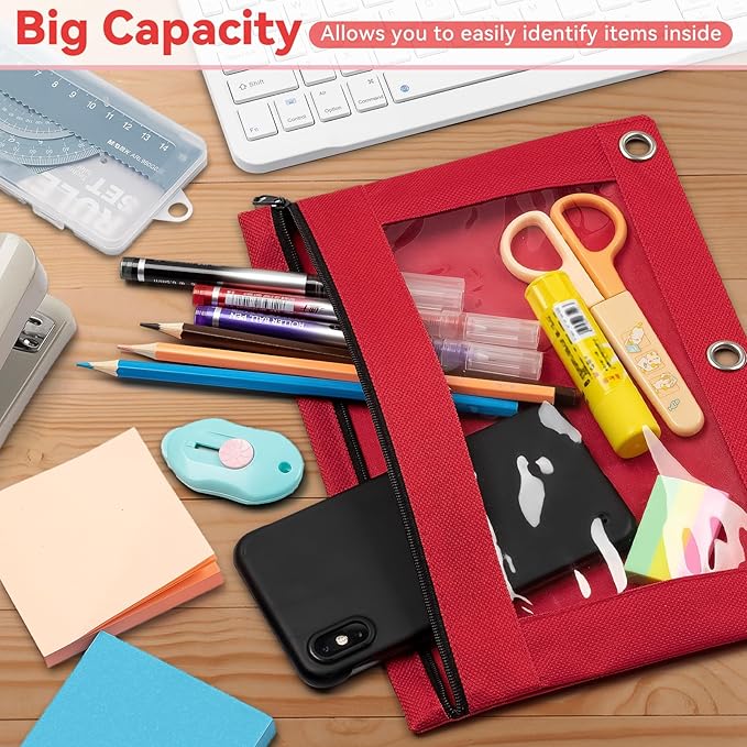 Pencil Pouch for 3 Ring Binder, Bulk 288 Pack 3-Holes Zipper Pencil Pouches in Assorted Colors, Sturdy and Durable Cloth Pencil Holder with Clear Window for Office School College Supplies