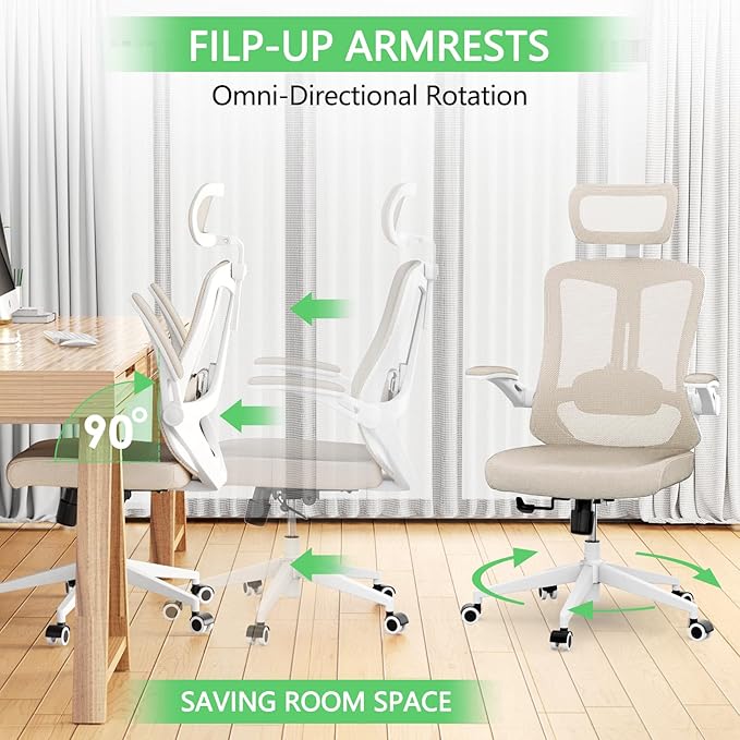 Desk Office Chair, Ergonomic High Back Comfy Computer Chairs with Wheels, Swivel Gaming Home Mesh Chair Comfortable Lumbar Support, Comfy Arms for Study, Home,Bedroom（Khaki）