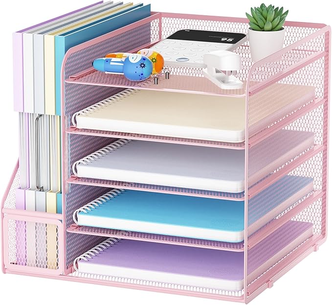 Marbrasse Desk Organizers and Accessories, 5-Tier Paper Letter Tray Organizer with File Holder, Mesh File Organizer, Office Desk Accessories & Organization for Supplies (Pink)