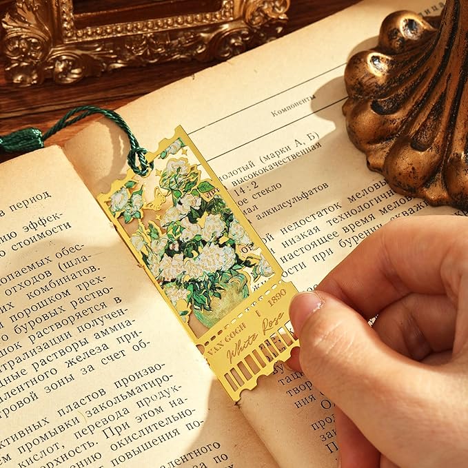 4 Pieces Metal Bookmarks with Tassel, Golden Hollow Bookmark Monet Oil Painting Theme Book Mark Bookmarks for Book Lovers Writers Readers Children Teens for Women Teen Adults