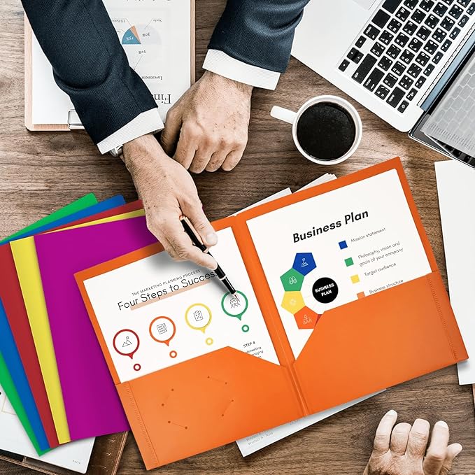 Dunwell Plastic 2-Pocket Folders (6 Pack, Assorted Colors), 8.5x11 Document Folders for School and Office, Heavy Duty Poly, Long Lasting, Includes Labels