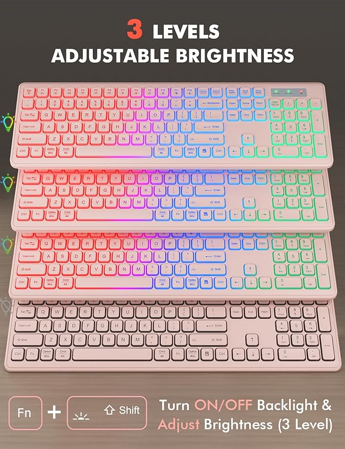 Wireless Keyboard and Mouse Combo - RGB Backlit, Rechargeable & Light Up Letters, Full-Size, Ergonomic Tilt Angle, Sleep Mode, 2.4GHz Quiet Keyboard Mouse for Mac, Windows, Laptop, PC, Trueque, Pink