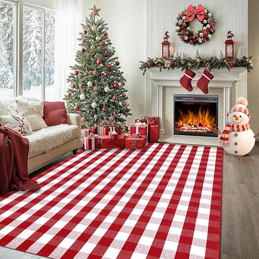 Christmas Red and White Plaid Rug 8x10 ft, Extra Large Cotton Hand-Woven Buffalo Check Area Rug for Living Room, Bedroom, Patio, Christmas Holiday Farmhouse Decor, Washable Outdoor Indoor Carpet