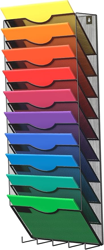10-Tier Wall Mounted Hanging File Organizer Metal Mesh Wall Organizer Wall File Holder Magazine Rack for Office Classroom Organization