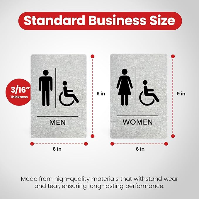 Promot Men and Women Handicap Restroom Sign – ADA Braille Bathroom Sign for Business, Self-Adhesive, 9" x 6", Commercial Door Signage, Office Wall Decor - Brushed Steel