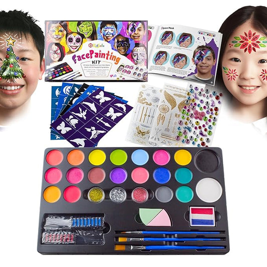 KidSafe 20-Color Face Painting Kit for Kids: Non-Toxic Water-Based Paints with Professional Tutorial Book (50 Designs), Stencils, Glitters, Hair Chalks & Brushes