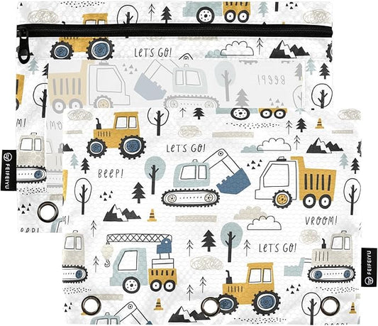 Cute Cars Truck Tractor Pencil Pouch for 3 Ring Binder, 2 Pack Waterproof Pencil Bags Clear Window Zipper School Office Supplies
