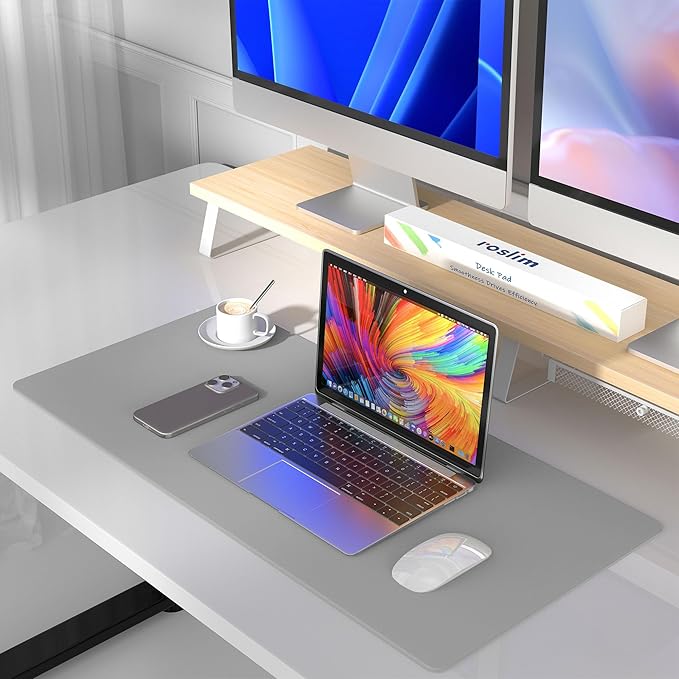 Leather Desk Pad Protector, Mouse Pad, Non-Slip Computer Mat for Desk, PU Leather Office Desk Mat for Home & Office, Waterproof Laptop Desk Blotter Pad for Keyboard and Mouse, Grey (13.7''X23.6'')