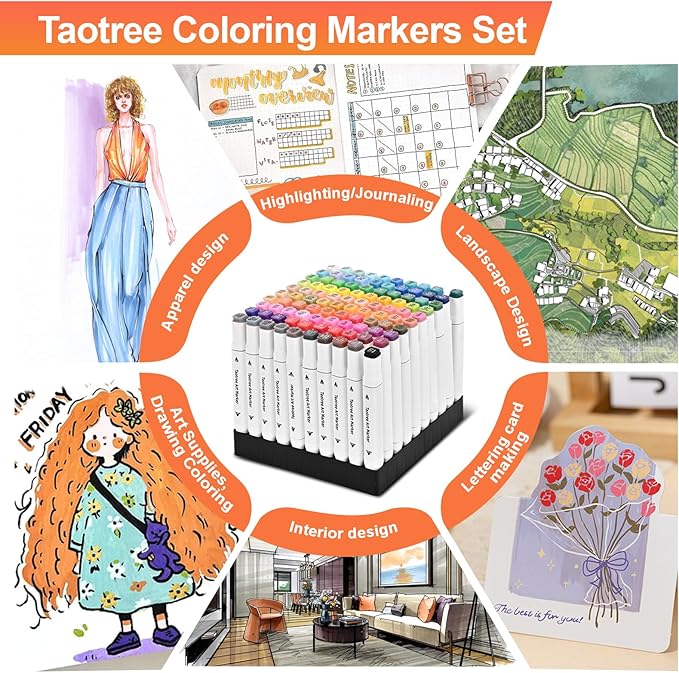 Taotree Alcohol Markers 100 Colors with Case & Holders, Dual Tips Art Coloring Markers Pens, Chisel & Fine Art Supplies Sketch Pens for Artist Kids Adult Coloring Books Drawing, Painting, Sketching