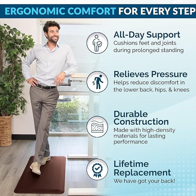 ComfiLife Anti Fatigue Floor Mat – 3/4 Inch Thick Kitchen Mats for Floor, Standing Desk Mat, Kitchen Rug – Comfort at Home, Office – Durable – Stain Resistant – Non-Slip Bottom (24" x 70", Brown)