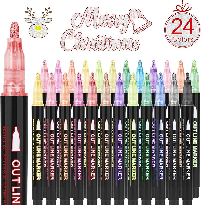 24 Pack Double Line Outline Markers, Squiggles Shimmer Markers Set, Self Outline Metallic Glitter Marker Pens for Christmas,Art, Drawing, Writing, Greeting Cards, DIY, Scrapbook, Easter Eggs
