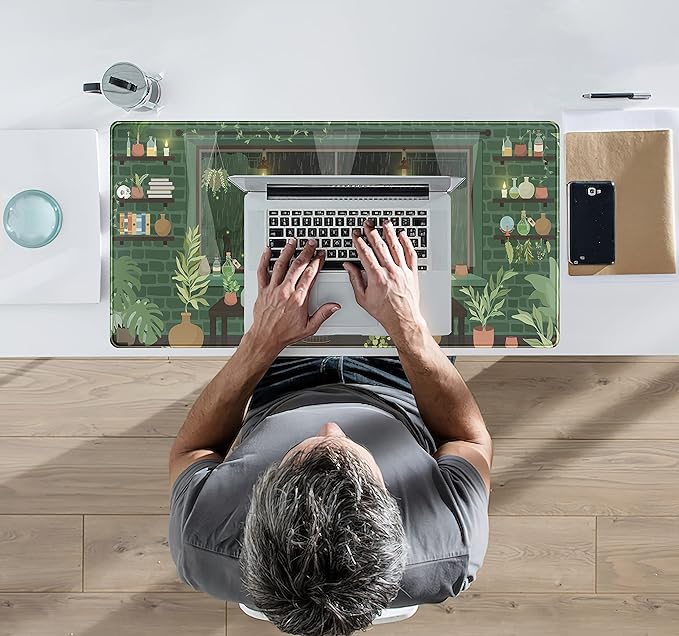 Cute Rainy Night Desk Mat Green Plants Desk Pad, Anime Black Cat Kawaii Large Gaming Mouse Pad, Moonlight Fireflies Deskmat Aesthetic Mousepad XXL, Laptop Keyboard Pad for Women Desk 31.5"x15.75"