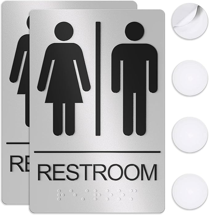 Unisex Bathroom Signs, Restroom Sign For Business - For Men and Women - 2 Pack - 9" by 6" - ADA Compliant with Braille - Strong Double-Sided Adhesives Included - Apply to Office, Home, Public Door/Wall