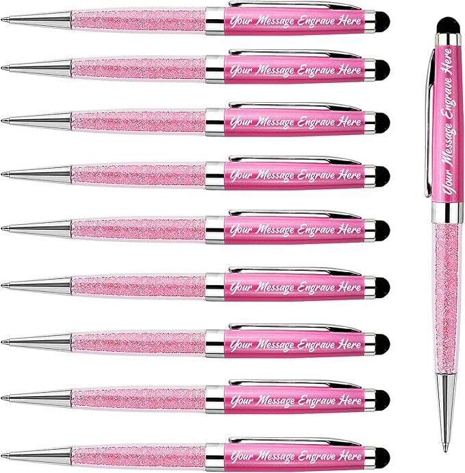 Ancolo Personalized Crystal Pens with Stylus Tip, Office Writing Set- Engraved with Your Message Name Company Team Name, Gift for Women Girl 10 Pens/Box (Pink)