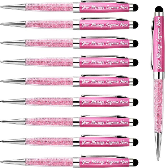 Ancolo Personalized Crystal Pens with Stylus Tip, Office Writing Set- Engraved with Your Message Name Company Team Name, Gift for Women Girl 10 Pens/Box (Pink)