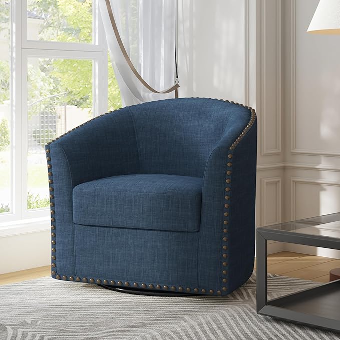 UIXE 360° Swivel Barrel Accent Chair, Modern Upholstered Arm Chair Round Club Armchair, Nailhead Trim Single Sofa Seating in Fabric for Living Room - Blue