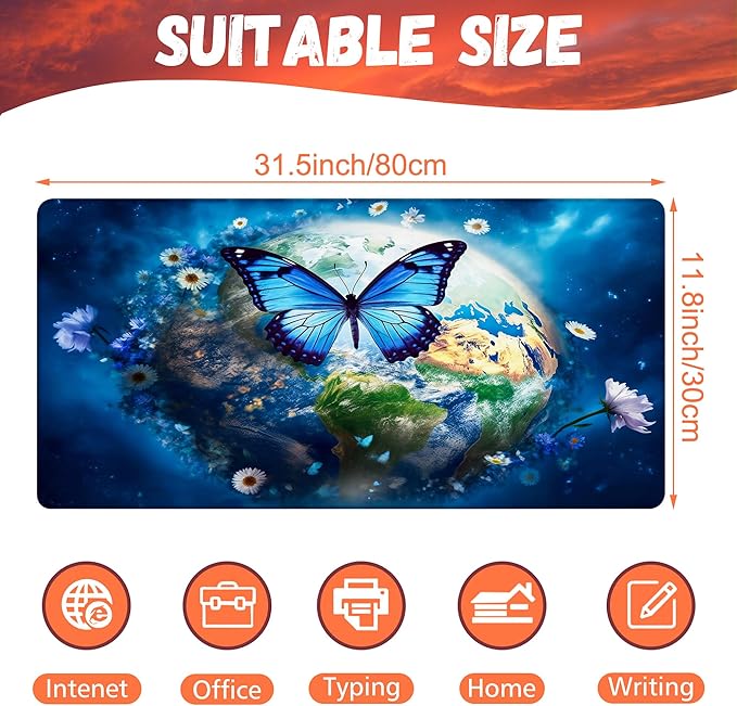 Desk Mat, Earth Surrounded by Flowers Desk Pad, Blue Butterfly Large Gaming Mouse Pad, 31.5"x15.7", Extended Big Computer Keyboard Mouse Pad with Non-Slip Base and Stitched Edge