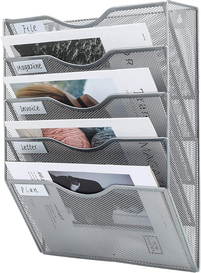 PAG Hanging Wall File Holder Mail Organizer Wall Mount Document Letter Rack, 5-Tier, Silver