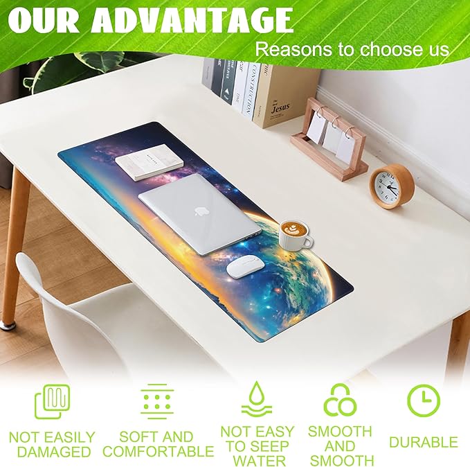 Desk Mat,Galaxy Earth Planet Desk Pad,Science Fiction Cosmic Large Gaming Mouse Pad for Desk,Extended Big Computer Keyboard Mouse Pad with Non-Slip Base and Stitched Edge,31.5"x11.8"
