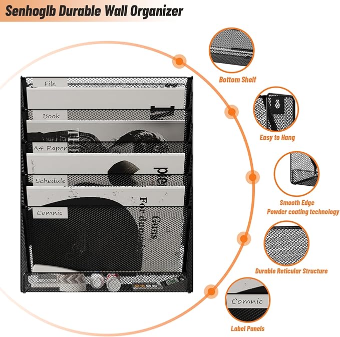 6 Tier Wall File Mounted Magazine Rack with Tray Mesh A4 Paper Organiser Mail Holder Storage, Black