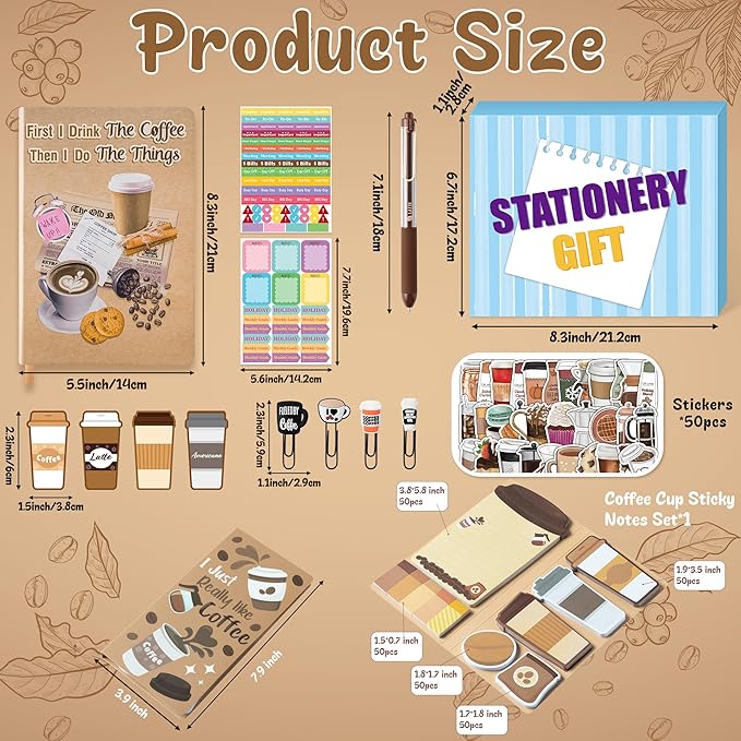B1ykin Notebook Sticky Notes Stationery Set, 6Pcs Hardcover Ruled Journal Notebook with Planner Stickers, Neutral Pen Bookmarks Clips Birthday Gift for Office School Students (Coffee)
