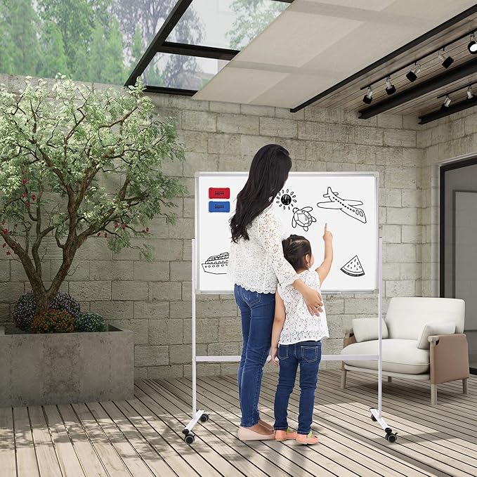 H-Qprobd Mobile Whiteboard 36"x24" Magnetic Dry Erase Board with Stand - Adjustable Height Double Side Rolling White Boards on Wheels for Home, Office & School