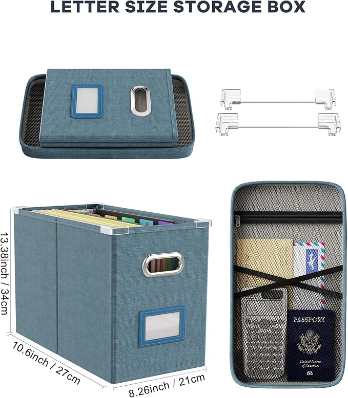 Oterri File Organizer Box with Lid, Hanging Filing File Box with Mesh Pocket, Document Organizer Box for Letter Files, Portable Storage Box with Smooth Sliding Rail for Office&Home (1 PCS, Dark-blue)