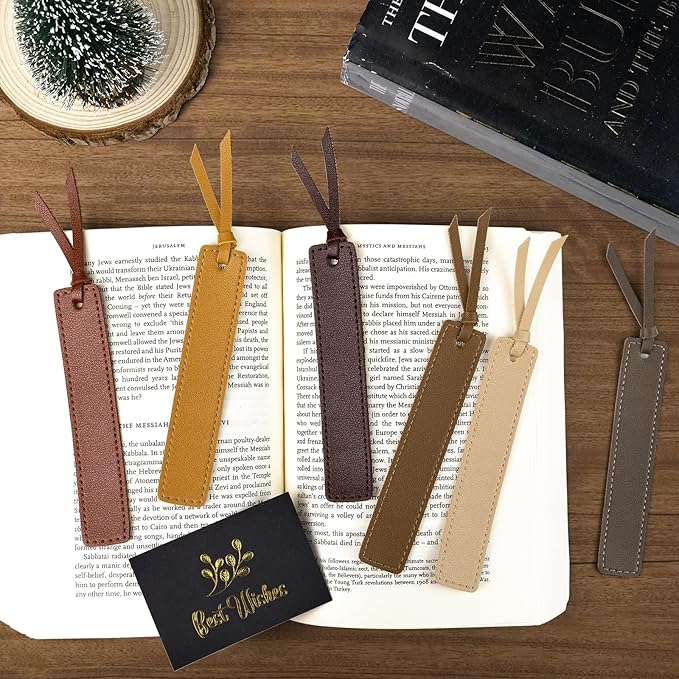 Leather Bookmark, 6 Pcs Classic Style Bookmark for Men, 0.05 Inches Thin Handmade Stitched Book Marks, Page Markers Reading Gifts for Book Lovers and School Students (Light Retro)
