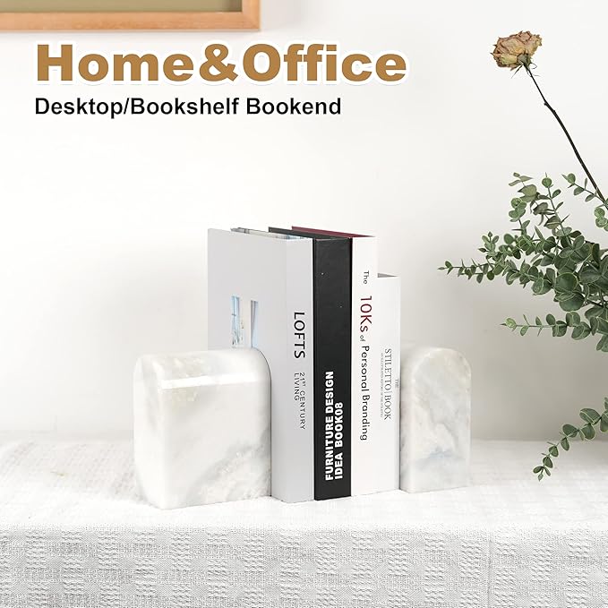 Koville African Natural Marble Bookends for Shelves, Non-Slip Book Ends, 13LBS Ultra Heavy Duty Marble Book Holder Organizer, Apartment Decor for Movies/CD/Video Games