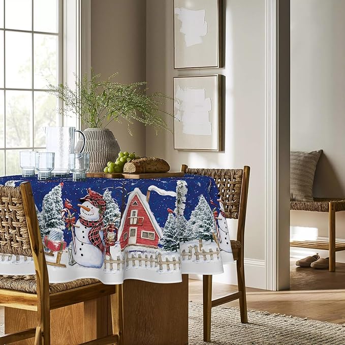 Horaldaily Christmas Tablecloth 60×60 Inch Round, Winter Snowman House Christmas Trees Blue Washable Table Cover for Party Picnic Dinner Decor