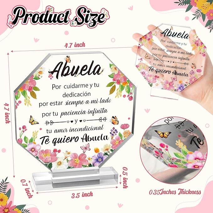 Yopyame Spanish Grandma Birthday Gifts - Regalos para Abuela Acrylic Plaque Decor Keepsake Paperweights Gifts for Grandma in Spanish Christmas Mothers Day Gifts for Grandma from Granddaughter Grandson