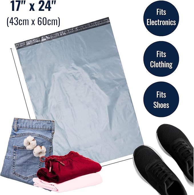 5 Large Shipping Bags 17x24 | Jumbo Poly Mailers for clothes | Strong Thick Mailing Bags with Self Adhesive | Self Sealing Shipping Envelopes